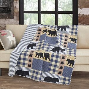 Blue Buffalo Plaid Bear Quilted Throw Farmhouse Cabin Lodge Country Rustic